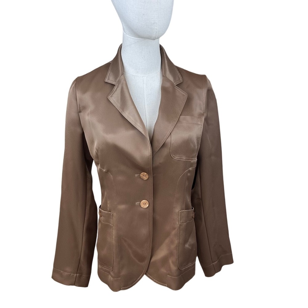 Herve Benard Petite Satin Blazer Jacket Bronze Brown Button Front Women‎